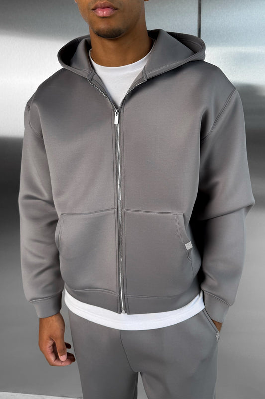 Boxy Scuba Zip Through Hoodie - Grey